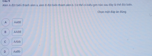 Alen A đột biến thành alen a, alen B đột biến thành alen b. Cơ thế có kiểu gen nào sau đây là thế đột biến.
Chọn một đáp án đúng
A AaBB
B AABB
C AAbb
D AaBb