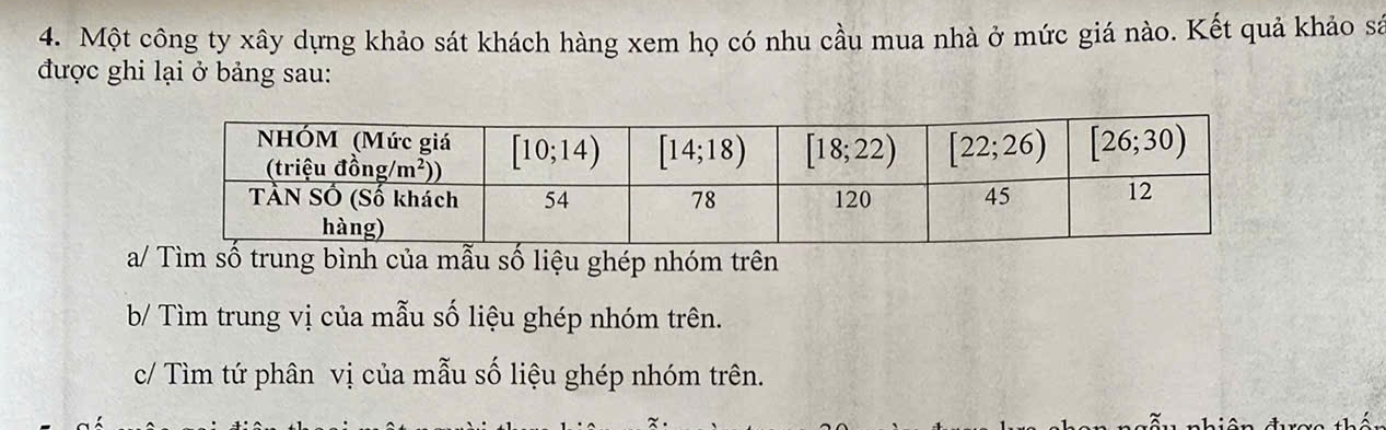 Một công ty xây dựng khảo sát khách hàng xem họ có nhu cầu mua nhà ở mức giá nào. Kết quả khảo sa
được ghi lại ở bảng sau:
a/ Tìm số trung bình của mẫu số liệu ghép nhóm trên
b/ Tìm trung vị của mẫu số liệu ghép nhóm trên.
c/ Tìm tứ phân vị của mẫu số liệu ghép nhóm trên.