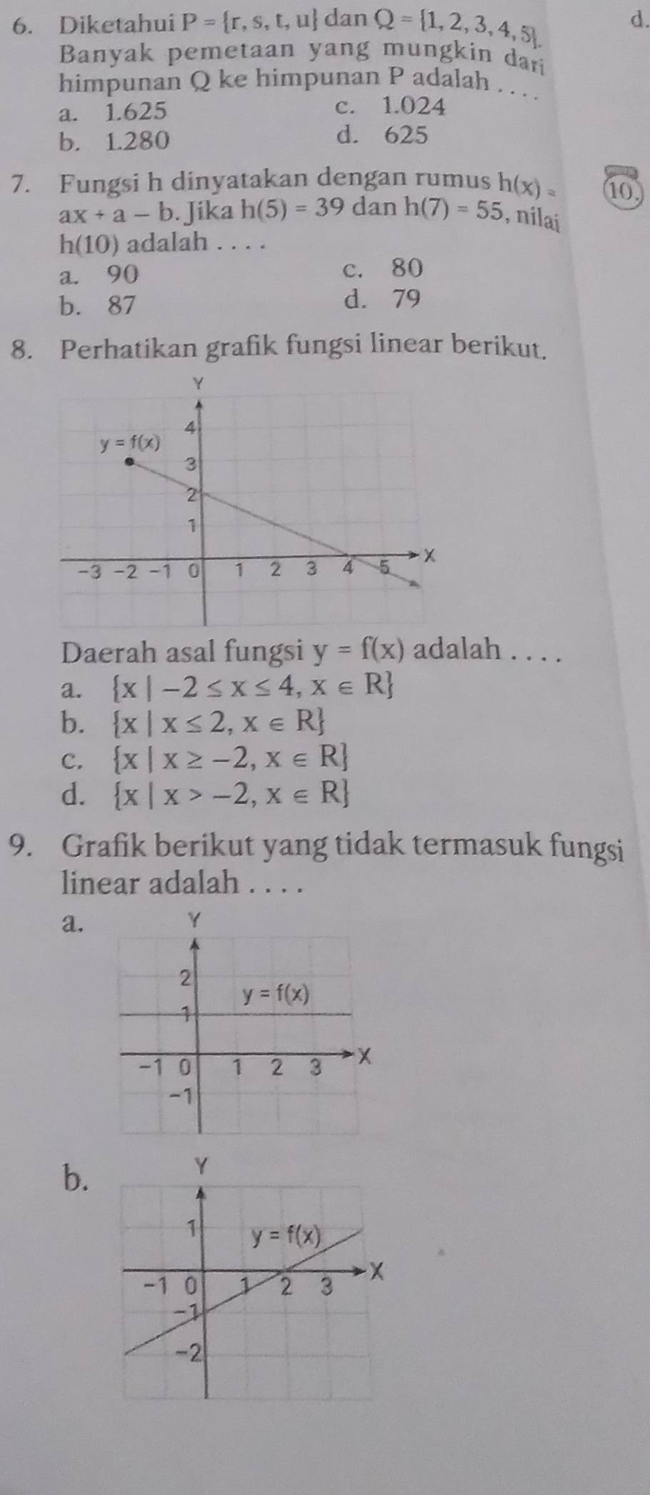 Diketahui P= r,s,t,u dan Q= 1,2,3,4,5 . d.
Banyak pemetaan yang mungkin dari
himpunan Q ke himpunan P adalah . . . .
a. 1.625 c. 1.024
b. 1.280
d. 625
7. Fungsi h dinyatakan dengan rumus h(x)= 10
ax+a-b.Jika h(5)=39 dan h(7)=55 , nilai
h(10) adalah . . . .
a. 90 c. 80
b. 87
d. 79
8. Perhatikan grafik fungsi linear berikut.
Daerah asal fungsi y=f(x) adalah . . . .
a.  x|-2≤ x≤ 4,x∈ R
b.  x|x≤ 2,x∈ R
C.  x|x≥ -2,x∈ R
d.  x|x>-2,x∈ R
9. Grafik berikut yang tidak termasuk fungsi
linear adalah . . . .
a.
b.