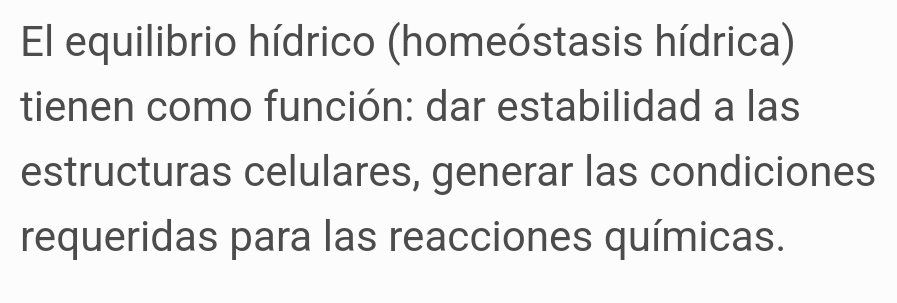 El equilibrio hídrico (homeóstasis hídrica) 
tienen como función: dar estabilidad a las 
estructuras celulares, generar las condiciones 
requeridas para las reacciones químicas.