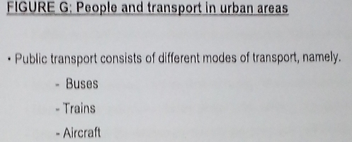 FIGURE G: People and transport in urban areas
Public transport consists of different modes of transport, namely.
Buses
Trains
- Aircraft