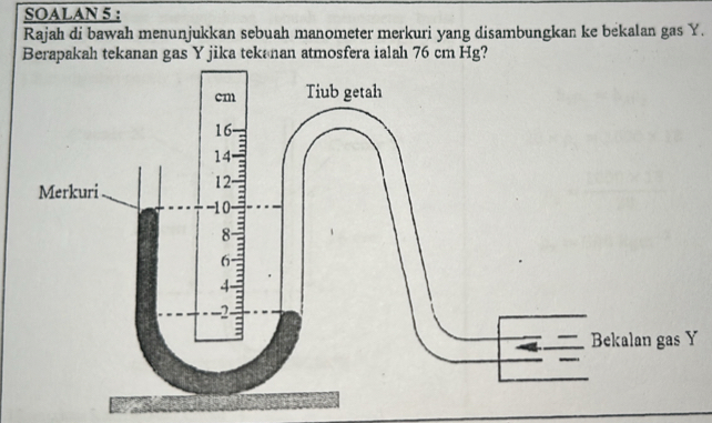 SOALAN 5 : 
Rajah di bawah menunjukkan sebuah manometer merkuri yang disambungkan ke bekalan gas Y. 
Berapakah tekanan gas Y jika tekanan atmosfera ialah 76 cm Hg?
Y