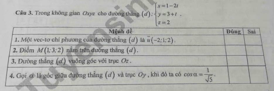 Trong không gian Oxyz cho đường thẳng (đ) beginarrayl x=1-2t y=3+t. z=2endarray.