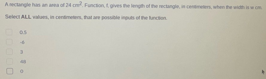 A rectangle has an area of 24cm^2. Function, f, gives the length of the rectangle, in centimeters, when the width is w cm.
Select ALL values, in centimeters, that are possible inputs of the function.
0.5
-6
3
48
0