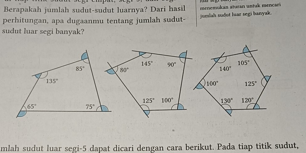 fr segr b r
Berapakah jumlah sudut-sudut luarnya? Dari hasil menemukan aturan untuk mencari
perhitungan, apa dugaanmu tentang jumlah sudut- jumlah sudut luar segi banyak.
sudut luar segi banyak?
mlah sudut luar segi-5 dapat dicari dengan cara berikut. Pada tiap titik sudut,