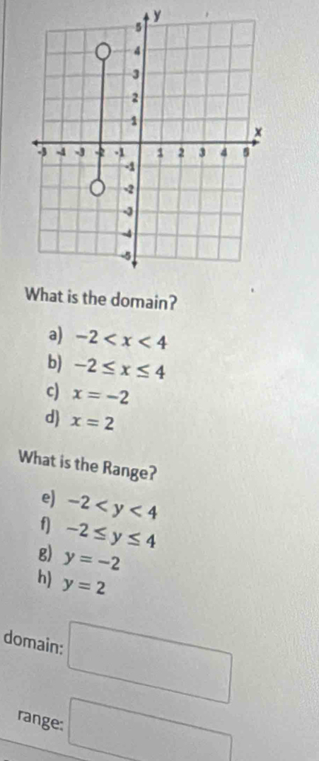 y
What is the domain? 
a) -2
b) -2≤ x≤ 4
c) x=-2
d x=2
What is the Range? 
e) -2
f) -2≤ y≤ 4
g) y=-2
h) y=2
domain: □ 
range :□