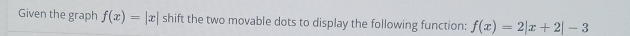 Given the graph f(x)=|x| shift the two movable dots to display the following function: f(x)=2|x+2|-3