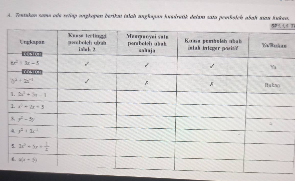 Tentukan sama ada setiap ungkapan berikut ialah ungkapan kuadratik dalam satu pemboleh ubah atau bukan.
1 T