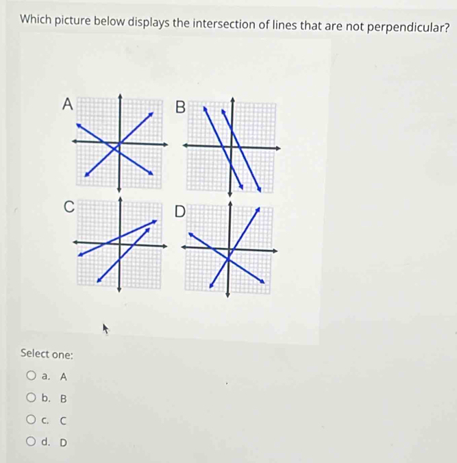 Which picture below displays the intersection of lines that are not perpendicular?
B
D
Select one:
a. A
b. B
c. C
d. D