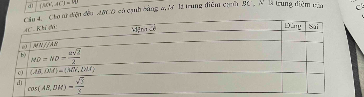 (MN,AC)=90
diện đều ABCD có cạnh bằng a, M là trung điểm cạnh BC , N là trung điểm của
C
