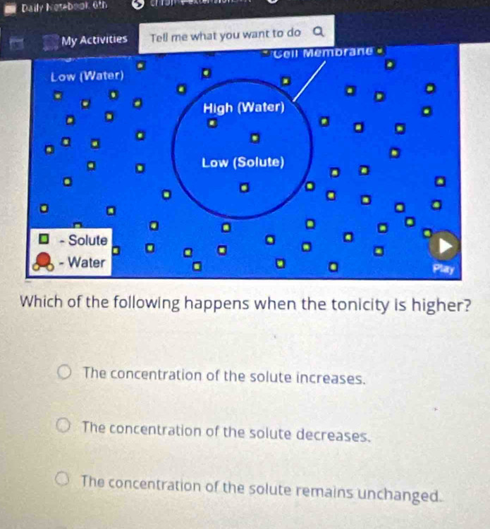 Daily Notebook 6th
ies Tell me what you want to do
Which of the following happens when the tonicity is higher?
The concentration of the solute increases.
The concentration of the solute decreases.
The concentration of the solute remains unchanged.