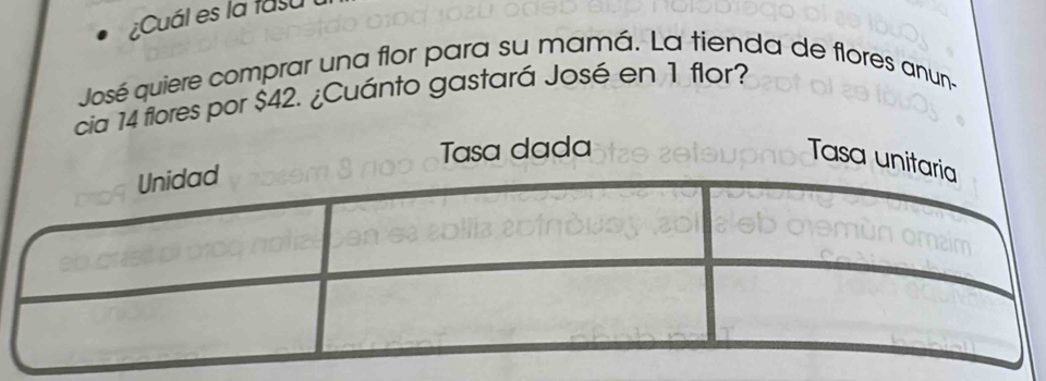 ¿Cuál es la fasu 
José quiere comprar una flor para su mamá. La tienda de flores anun- 
cia 14 flores por $42. ¿Cuánto gastará José en 1 flor? 
Tasa dada 
Tasa unit