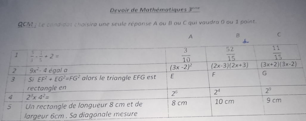 Devoir de Mathématiques 3^(eme)
QCM : Le candidat choisira une seule réponse A ou B ou C qui vaudra 0 ou 1 point.