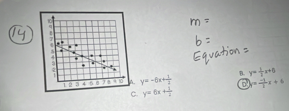 10
q
B
7
6
5
4
3
2
1
B. y= 1/2 x+6
12 3 4 5 6 7 B q 10 A. y=-6x+ 1/2  y= (-1)/2 x+6
D.
C. y=6x+ 1/2 