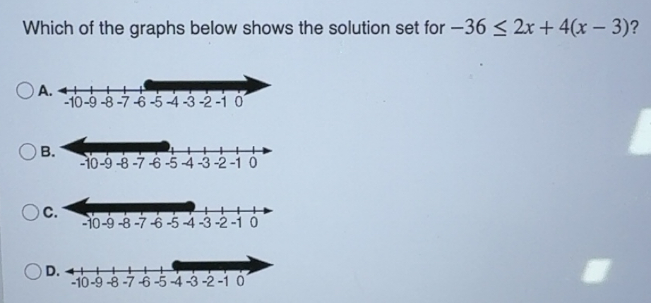 Solved: Which of the graphs below shows the solution set for -36≤ 2x+4 ...