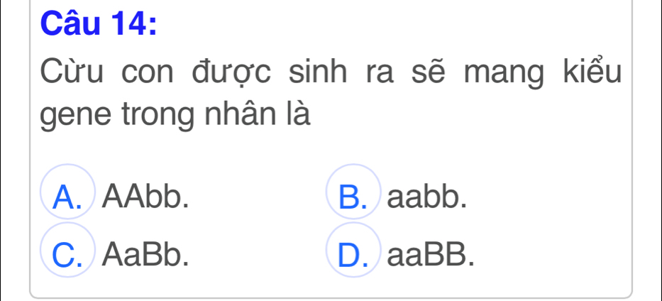 Cừu con được sinh ra sẽ mang kiểu
gene trong nhân là
A. AAbb. B. aabb.
C. AaBb. D. aaBB.