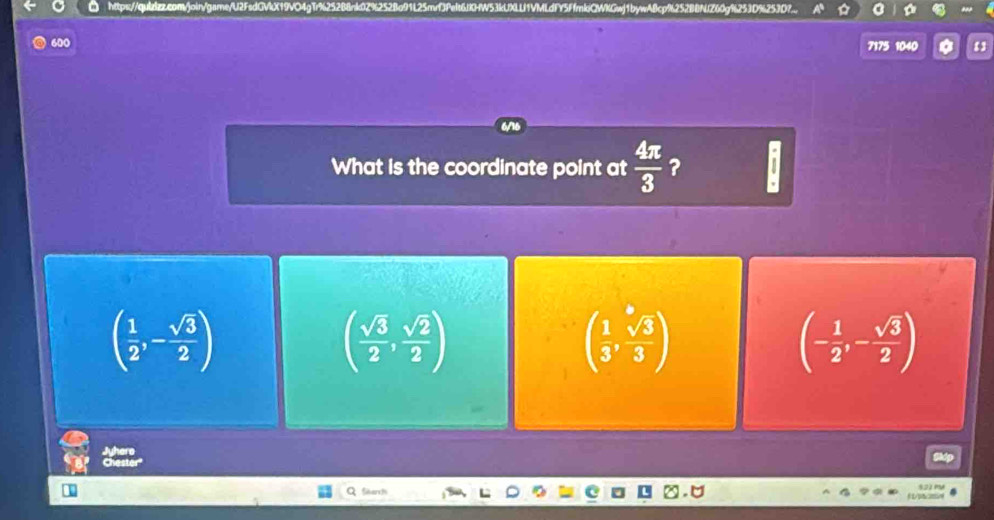 hps//a

600
7175 1040 【
What is the coordinate point at  4π /3  ?
( 1/2 ,- sqrt(3)/2 )
( sqrt(3)/2 , sqrt(2)/2 )
( 1/3 , sqrt(3)/3 )
(- 1/2 ,- sqrt(3)/2 )
Jyhero
Q Sieh