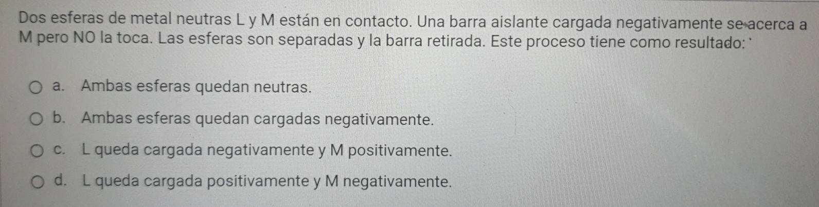 Dos esferas de metal neutras L y M están en contacto. Una barra aislante cargada negativamente se acerca a
M pero NO la toca. Las esferas son separadas y la barra retirada. Este proceso tiene como resultado: '
a. Ambas esferas quedan neutras.
b. Ambas esferas quedan cargadas negativamente.
c. L queda cargada negativamente y M positivamente.
d. L queda cargada positivamente y M negativamente.