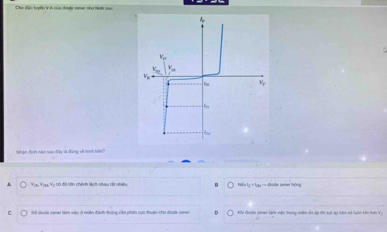 Cho đặc tuyển V-A của diode zener như hình sau:
Nhận định nào sau đây là đùng về hình trên?
A V 7  Vz m V_Z có độ lớn chênh lệch nhau rất nhiều B Nếu I_Z>I_ZM diode zener hóng
C Để diode zener làm việc ở miền đánh thủng cần phân cực thuận cho diode zener D  Khi diode zener làm việc trong miền ổn áp thì sụt áp trên nó luôn lớn hơn V_Z