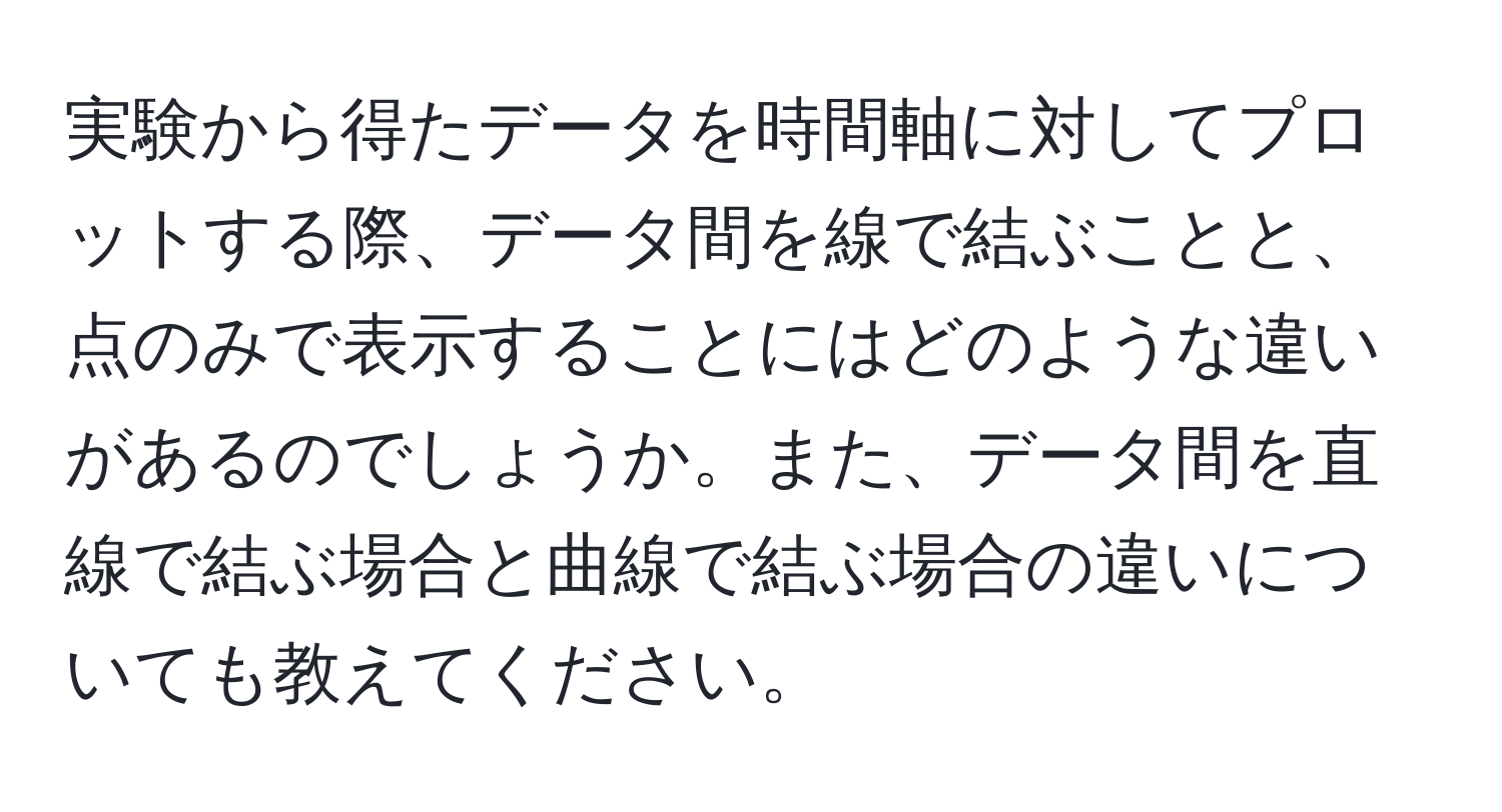 実験から得たデータを時間軸に対してプロットする際、データ間を線で結ぶことと、点のみで表示することにはどのような違いがあるのでしょうか。また、データ間を直線で結ぶ場合と曲線で結ぶ場合の違いについても教えてください。