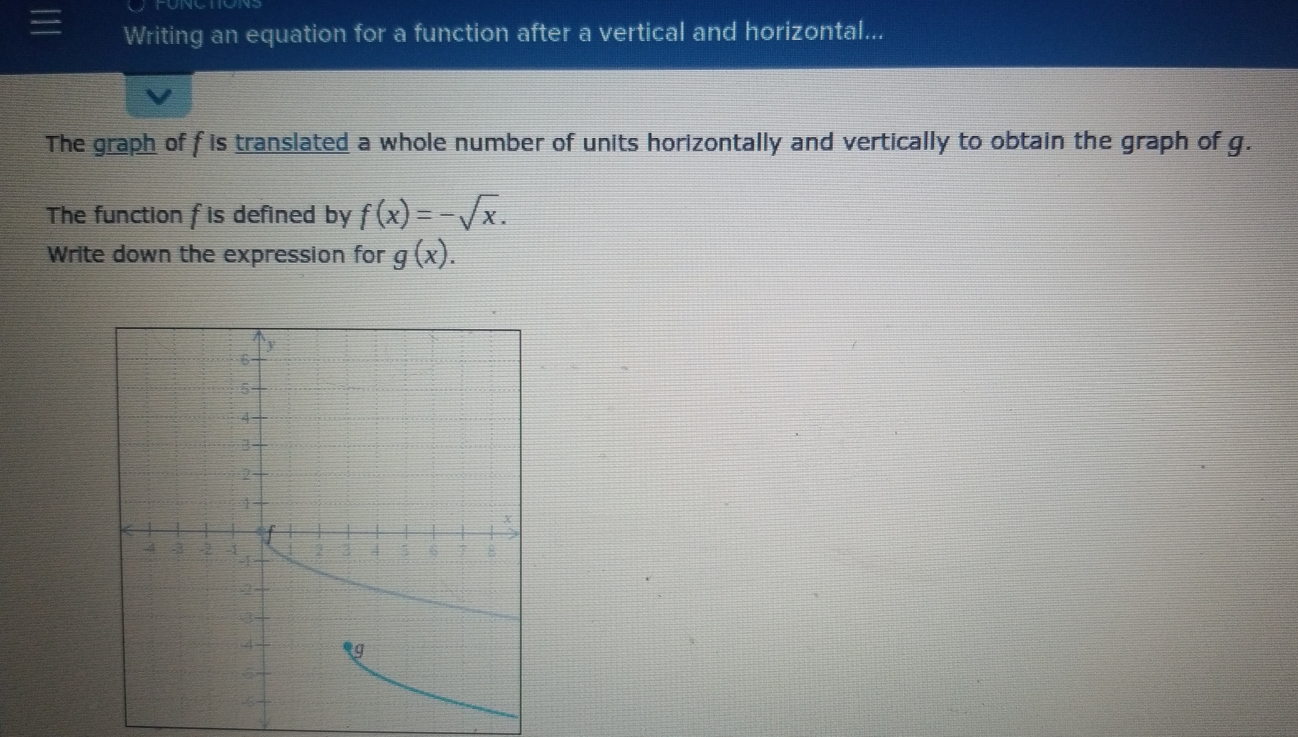 Writing an equation for a function after a vertical and horizontal...
The graph of f is translated a whole number of units horizontally and vertically to obtain the graph of g.
The function f is defined by f(x)=-sqrt(x). 
Write down the expression for g(x).