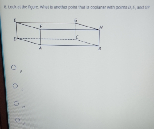 Look at the figure. What is another point that is coplanar with points D, E, and G?
F
C
H
A