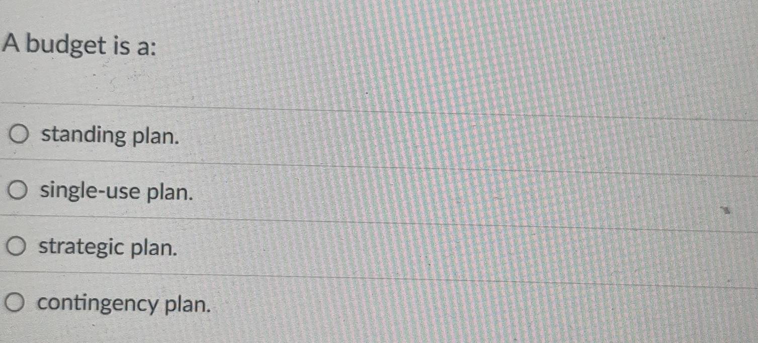 Solved: A budget is a: standing plan. single-use plan. strategic plan ...