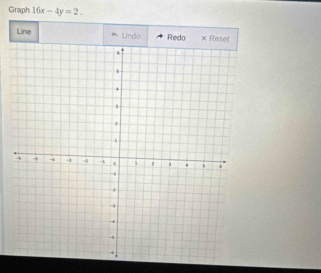 Graph 16x-4y=2. 
Line Undo Redo