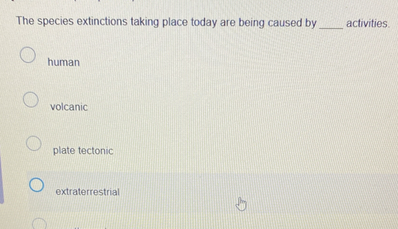 The species extinctions taking place today are being caused by_ activities.
human
volcanic
plate tectonic
extraterrestrial
