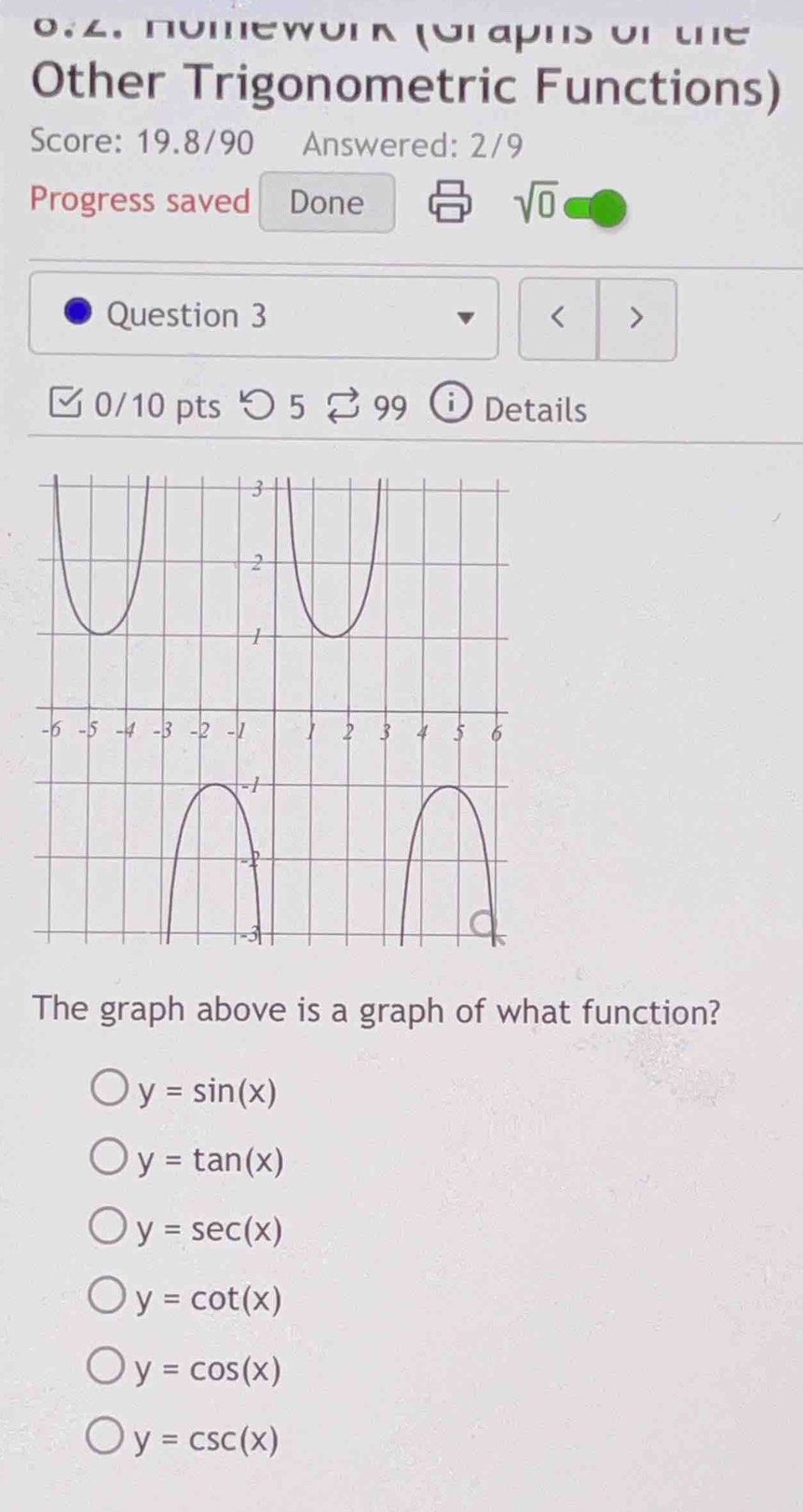 Homework (Grapns or the
Other Trigonometric Functions)
Score: 19.8/90 Answered: 2/9
Progress saved Done
sqrt(0) 
Question 3 < >
M 0/10 pts つ5 99 Details
The graph above is a graph of what function?
y=sin (x)
y=tan (x)
y=sec (x)
y=cot (x)
y=cos (x)
y=csc (x)