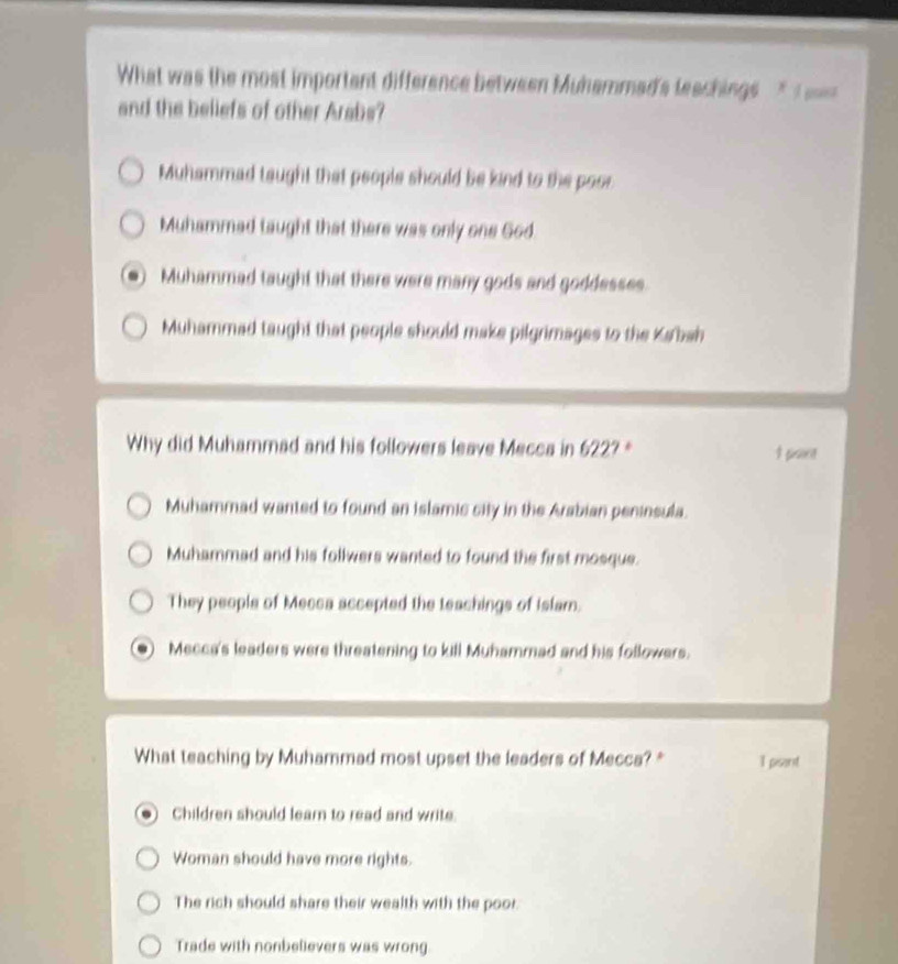 What was the most important difference between Muhammad's teachings* 1 =
and the beliefs of other Arabs?
Muhammad taught that people should be kind to the poor
Muhammad taught that there was only one God
Muhammad taught that there were many gods and goddesses.
Muhammad taught that people should make pilgrimages to the Karbah
Why did Muhammad and his followers leave Mecca in 622? I psint
Muhammad wanted to found an islamic sity in the Arabian peninsula.
Muhammad and his follwers wanted to found the first mosque.
They people of Mecca accepted the teachings of Islam.
Mecca's leaders were threatening to kill Muhammad and his followers.
What teaching by Muhammad most upset the leaders of Mecca? " I psant
Children should learn to read and write.
Woman should have more rights.
The rich should share their wealth with the poor.
Trade with nonbelievers was wrong