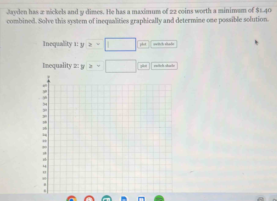 Jayden has æ nickels and y dimes. He has a maximum of 22 coins worth a minimum of $1.40
combined. Solve this system of inequalities graphically and determine one possible solution. 
Inequality 1: y ≥  | plot switch shade 
Inequality 2:y plot switch shade