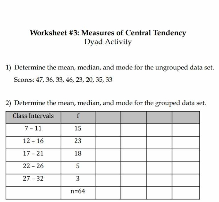 Worksheet #3: Measures of Central Tendency
Dyad Activity
1) Determine the mean, median, and mode for the ungrouped data set.
Scores: 47, 36, 33, 46, 23, 20, 35, 33
2) Determine the mean, median, and mode for the grouped data set.