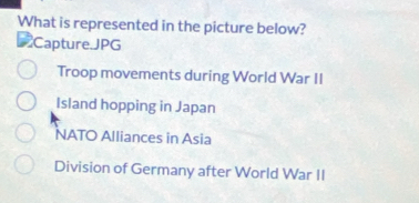 What is represented in the picture below?
Capture.JPG
Troop movements during World War II
Island hopping in Japan
NATO Alliances in Asia
Division of Germany after World War II