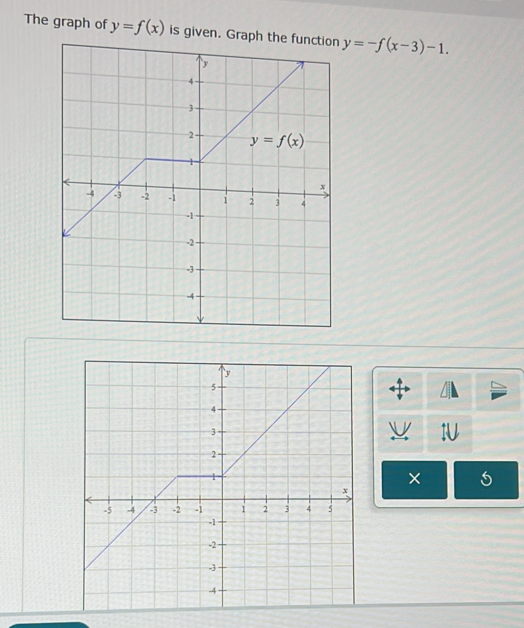 The graph of y=f(x) is given. Graph the function y=-f(x-3)-1.
1
×