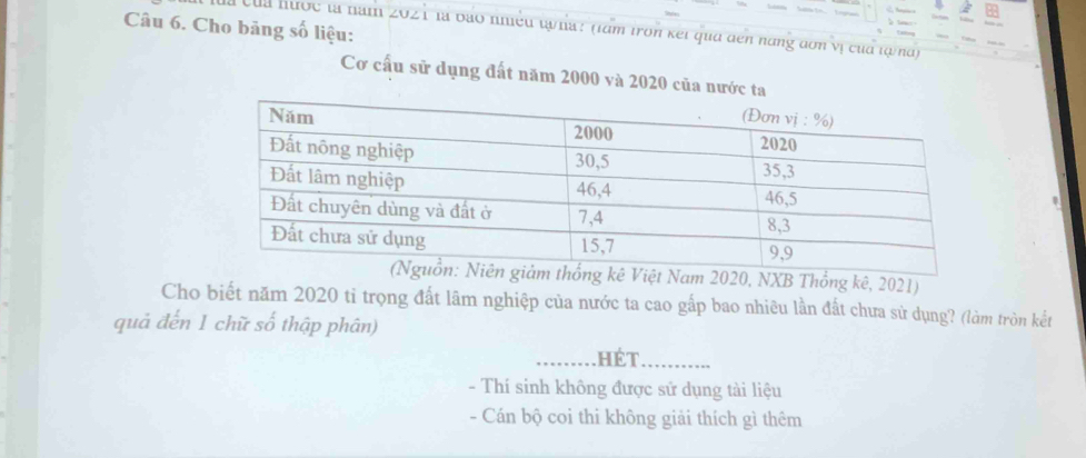 Cho bảng số liệu: là của hưốc là năm 2021 là bảo nhiều tự ha: (làm tron kết qua đến hang đơnVị của tạ hà)
Cơ cấu sử dụng đất năm 2000 và 2020 của nước
NXB Thổng kê, 2021)
Cho biết năm 2020 ti trọng đất lãm nghiệp của nước ta cao gấp bao nhiêu lần đất chưa sử dụng? (làm tròn kết
quả đến 1 chữ số thập phân)
Hét
- Thí sinh không được sử dụng tài liệu
- Cán bộ coi thi không giải thích gì thêm