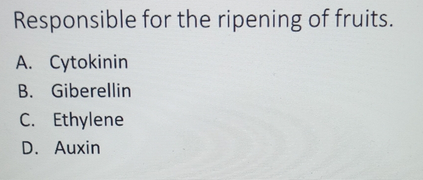 Responsible for the ripening of fruits.
A. Cytokinin
B. Giberellin
C. Ethylene
D. Auxin