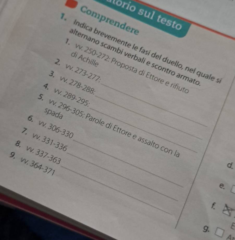 orio sul testo 
Comprendere 
Indica brevemente le fasi del duello, nel quale 
lternano scambi verbali e scontro armat 
di Achille 
. vv. 250-272 : Proposta di Ettore e rifut 
2. vv. 273-277. 
3. vv. 278-288 _ 
4. vv. 289-295
spada 
.vv. 296 - 305 : Parole di Ettore e assalto con | 
6. vv. 306-330
7. vv. 331-336 _ 
_ 
8. vv. 337-363 _ 
9. vv. 364-371
d. 
e. 
C 
f. 
E 
g. □ Ar