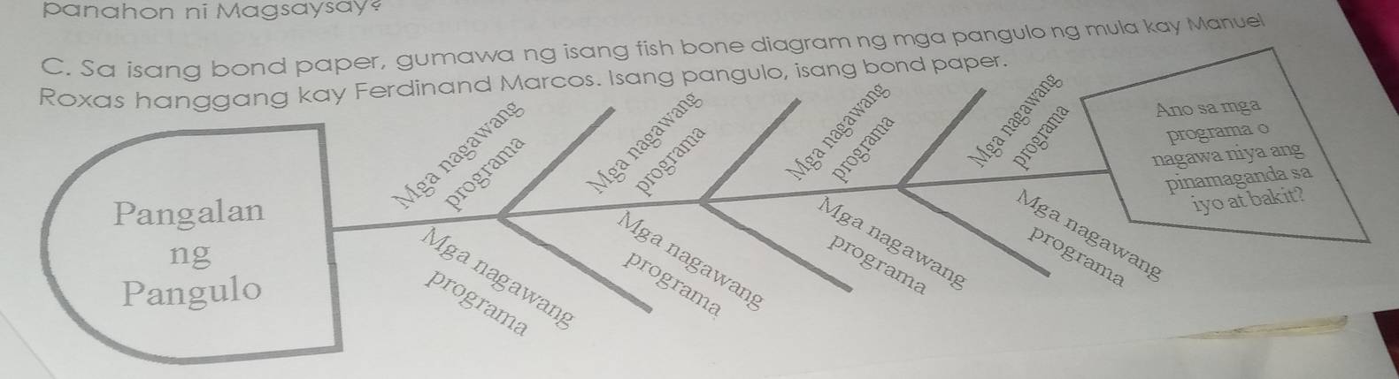 panahon ni M agsay say 
C. Sa isang bond paper, gumawa ng isang fish bone diagram ng mga pangulo ng mula kay Manuel 
Roxas hanggang kay Ferdinand Marcos. Isang pangulo, isang bond paper. 
Mga nagawan 
Mga nagawan 
Mga na wan 
Ano sa mga 
nagawa niya ang 
programa 
Pangalan 
programa 
5 Mganagawan 
programa o 
pinamaganda sa 
iyo at bakit? 
Mga nagawang 
Mga nagawang 
ng 
programa 
Mga nagawang 
programa 
Mga nagawan 
programa 
Pangulo 
programa