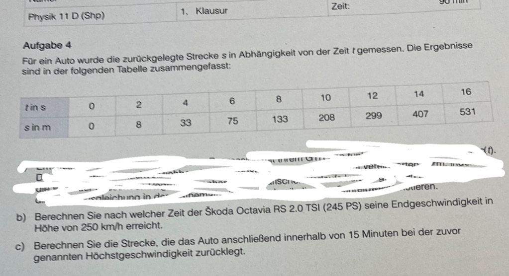 Zeit: 
Physik 11 D (Shp) 1、 Klausur 
Aufgabe 4 
Für ein Auto wurde die zurückgelegte Strecke s in Abhängigkeit von der Zeit t gemessen. Die Ergebnisse 
sind in der folgenden Tabelle zusammengefasst: 
t)、 
e r 2.0 TSI (245 PS) seine Endgeschwindigkeit in 
Höhe von 250 km/h erreicht. 
c) Berechnen Sie die Strecke, die das Auto anschließend innerhalb von 15 Minuten bei der zuvor 
genannten Höchstgeschwindigkeit zurücklegt.