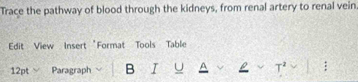 Trace the pathway of blood through the kidneys, from renal artery to renal vein. 
Edit View Insert Format a Tools Table 
12pt Paragraph B T U A
T^2;