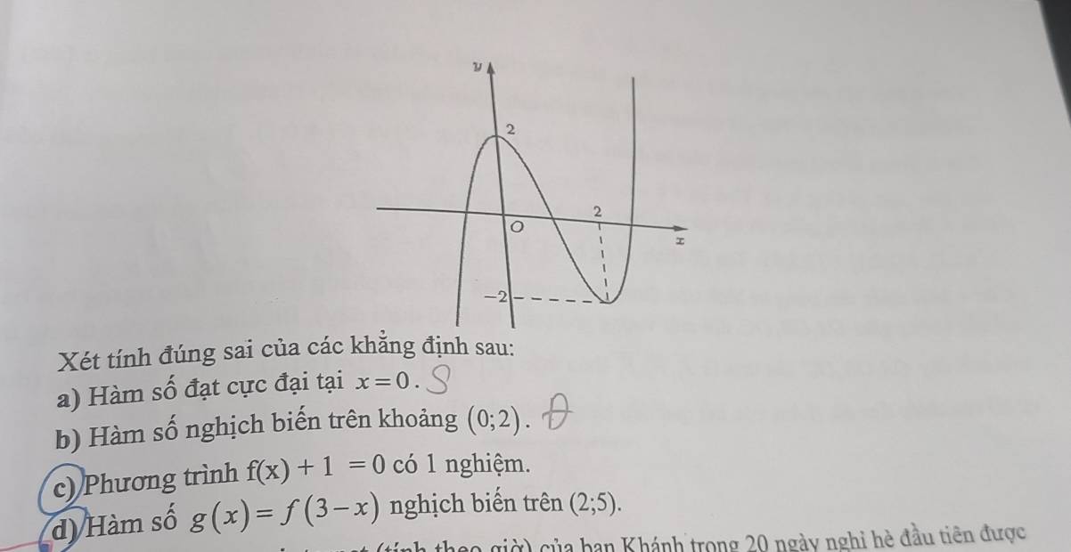 Xét tính đúng sai của các khẳng định sau: 
a) Hàm số đạt cực đại tại x=0. 
b) Hàm số nghịch biến trên khoảng (0;2). 
c) Phương trình f(x)+1=0 có 1 nghiệm. 
d) Hàm số g(x)=f(3-x) nghịch biến trên (2;5). 
0 giờ) của ban Khánh trong 20 ngày nghi hè đầu tiên được