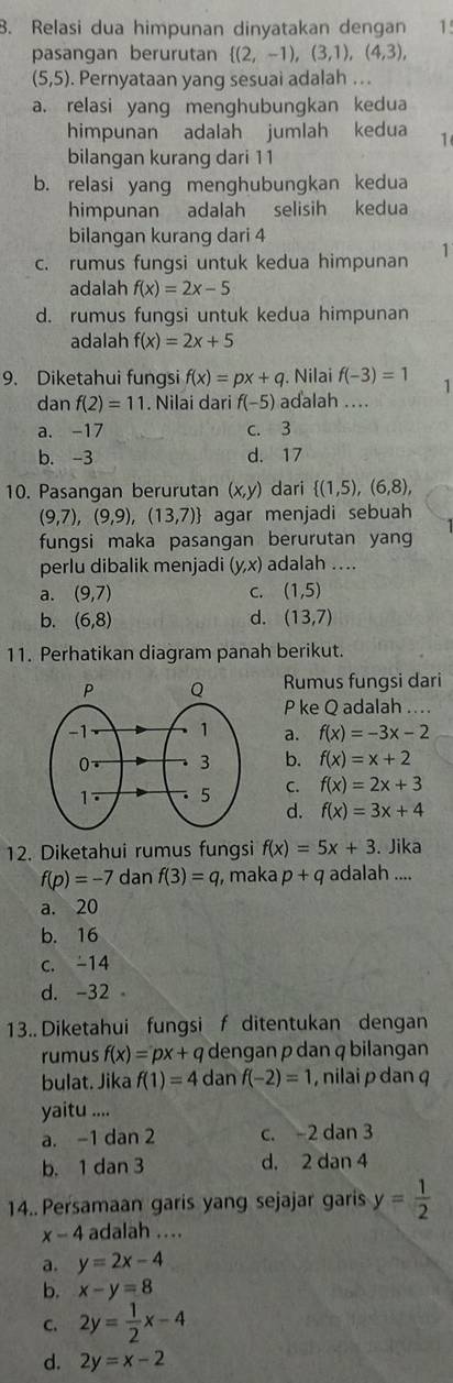 Relasi dua himpunan dinyatakan dengan 15
pasangan berurutan  (2,-1),(3,1),(4,3),
(5,5). Pernyataan yang sesuai adalah ...
a. relasi yang menghubungkan kedua
himpunan adalah jumlah kedua 1
bilangan kurang dari 11
b. relasi yang menghubungkan kedua
himpunan adalah selisih kedua
bilangan kurang dari 4
c. rumus fungsi untuk kedua himpunan 1
adalah f(x)=2x-5
d. rumus fungsi untuk kedua himpunan
adalah f(x)=2x+5
9. Diketahui fungsi f(x)=px+q. Nilai f(-3)=1 1
dan f(2)=11. Nilai dari f(-5) adalah ....
a. -17 c. 3
b. -3 d. 17
10. Pasangan berurutan (x,y) dari  (1,5),(6,8),
(9,7),(9,9),(13,7) agar menjadi sebuah
fungsi maka pasangan berurutan yan
perlu dibalik menjadi (y,x) adalah ....
a. (9,7) C. (1,5)
b. (6,8) d. (13,7)
11. Perhatikan diagram panah berikut.
Rumus fungsi dari
P ke Q adalah ....
a. f(x)=-3x-2
b. f(x)=x+2
C. f(x)=2x+3
d. f(x)=3x+4
12. Diketahui rumus fungsi f(x)=5x+3. Jika
f(p)=-7 dan f(3)=q , maka p+q adalah ....
a. 20
b. 16
c. -14
d. -32
13.. Diketahui fungsi f ditentukan dengan
rumus f(x)=px+q dengan p dan q bilangan
bulat. Jika f(1)=4 dan f(-2)=1 , nilai p dan q
yaitu ....
a. -1 dan 2 c. -2 dan 3
b. 1 dan 3 d. 2 dan 4
14.. Persamaan garis yang sejajar garis y= 1/2 
x-4 adalah ....
a. y=2x-4
b. x-y=8
C. 2y= 1/2 x-4
d. 2y=x-2