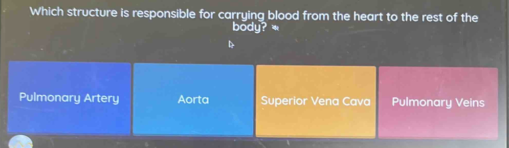 Which structure is responsible for carrying blood from the heart to the rest of the
body? *
Pulmonary Artery Aorta Superior Vena Cava Pulmonary Veins