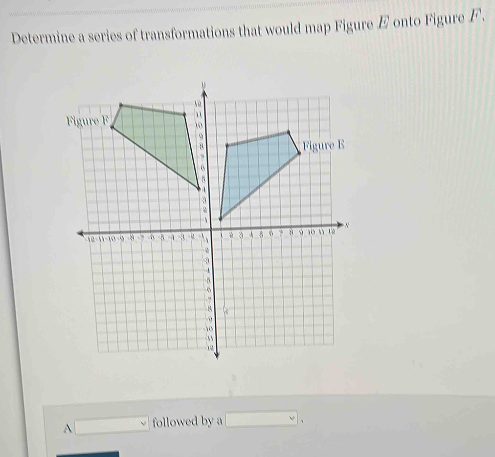 Determine a series of transformations that would map Figure E onto Figure F. 
□ followed by a