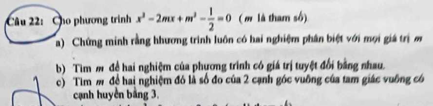 Cho phương trình x^2-2mx+m^2- 1/2 =0 ( m là tham số) 
a) Chứng minh rằng hhương trình luôn có hai nghiệm phân biệt với mọi giá trị m
b) Tim m đề hai nghiệm của phương trình có giá trị tuyệt đổi bằng nhau. 
c) Tim m để hai nghiệm đó là số đo của 2 cạnh góc vuỡng của tam giác vuồng có 
cạnh huyển bằng 3,