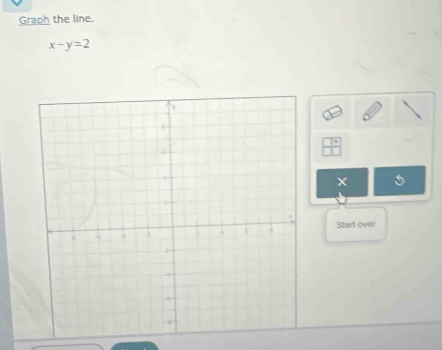 Graph the line.
x-y=2
 2x/3 
5
Start over