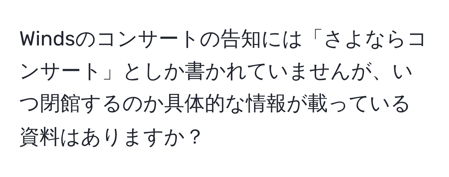 Windsのコンサートの告知には「さよならコンサート」としか書かれていませんが、いつ閉館するのか具体的な情報が載っている資料はありますか？