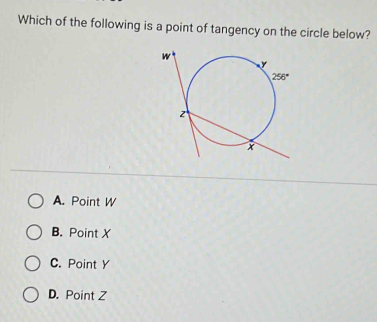 Which of the following is a point of tangency on the circle below?
A. Point W
B. Point X
C. Point Y
D. Point Z