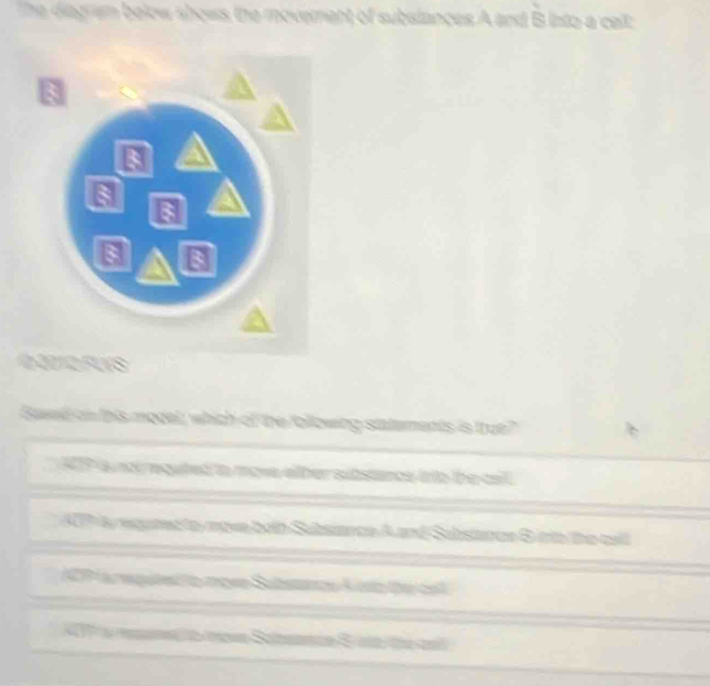 em below shows the moverent of subslances A and B into a calt
Fus
ad on this model, which of the following statements is true
KTP i not nouted in move alber sibstance i to the cal
A nd Subsarer 8 th the call